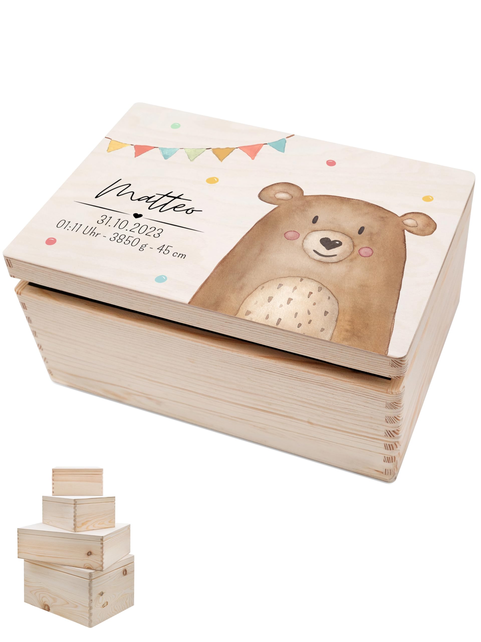wunderwunsch - Personalisierte Erinnerungsbox Taufe mit Hochwertigem UV-Farbdruck - Individuelle Box Baby - Niedliche Erinnerungskiste aus Holz - Geschenk Taufe (Bär, M flach-Klappdeckel)
