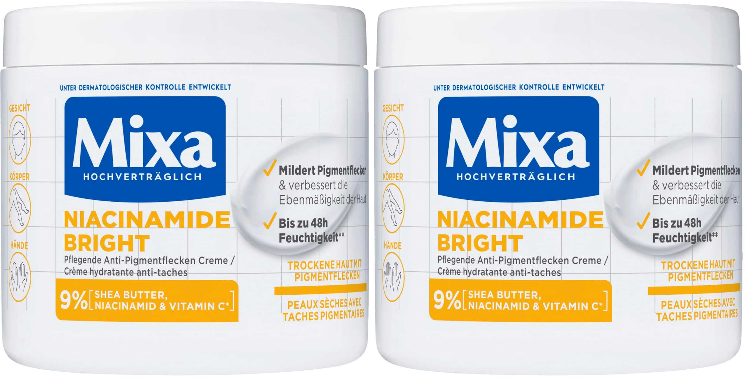 Mixa feuchtigkeitsspendende Anti-Pigmentflecken Allzweckcreme, Geeignet für Gesicht, Körper & Hände, Niacinamide Bright, Hypoallergen, 400 ml (Packung mit 2)