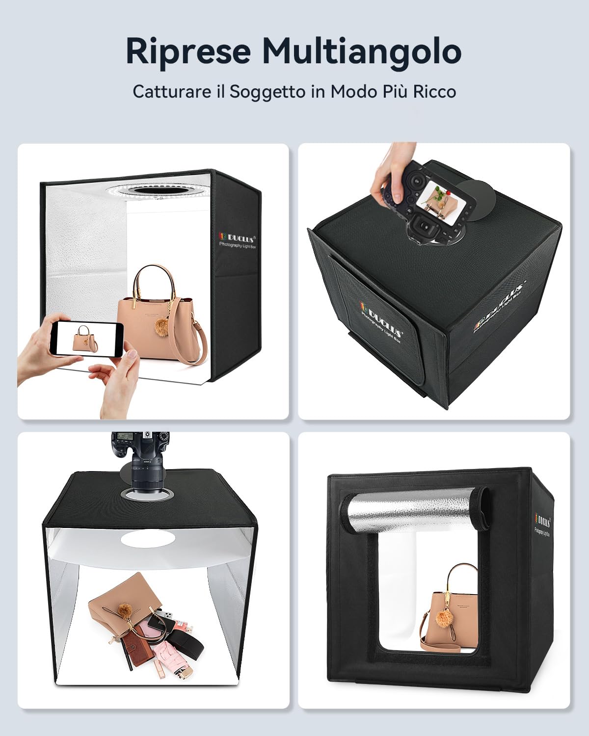 DUCLUS Set Fotografico 40 x 40 cm la Light box Rinnovata da 18W, Kit Scatola Foto Potenziato con 160 LED a 5500K e Connessione Type C, 8 Sfondi Fotografici per la Fotografia di Prodotto
