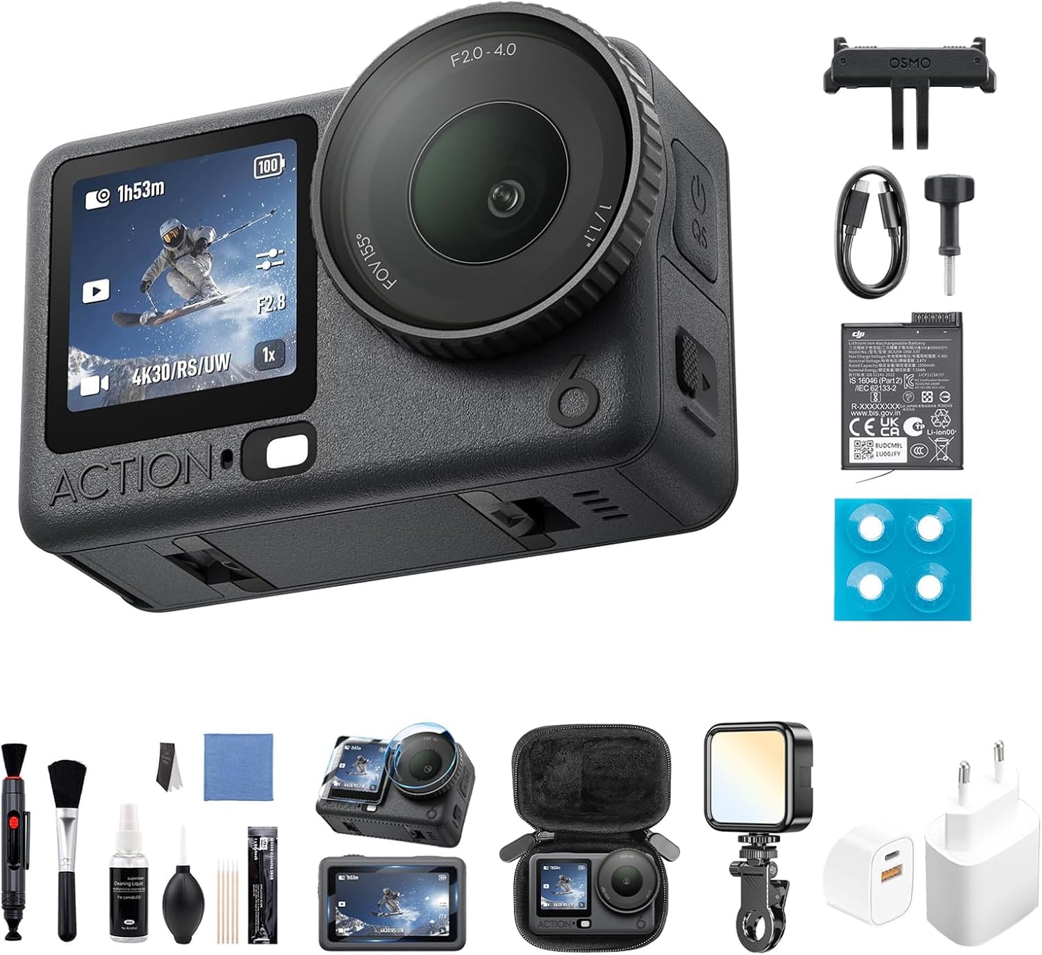 DJI Osmo Action 6 Pack Esencial, cámara de acción con Sensor Cuadrado de 1/1.1 Pulgadas, Apertura Variable, Resistente al frío, batería de 4 Horas, cámara de acción 4K (Multi Accessories Bundle)