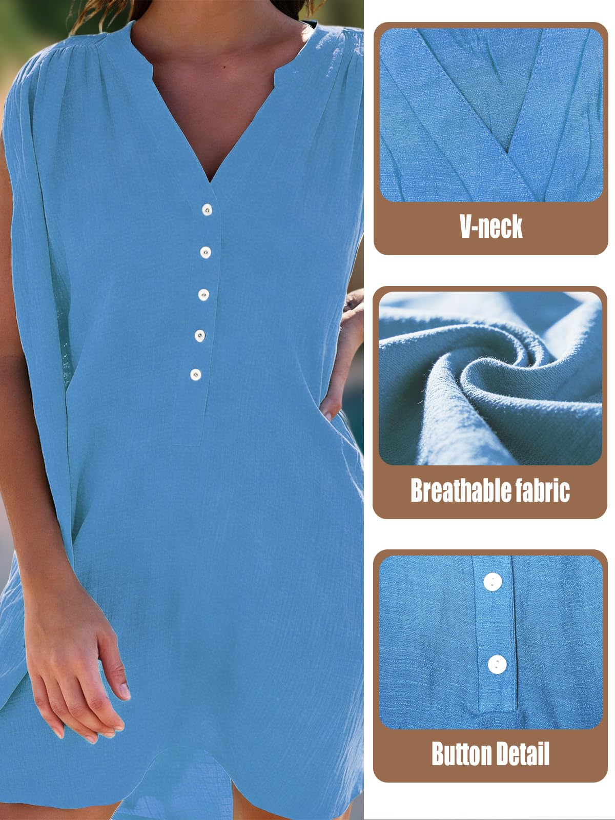 JFAN Copricostume Donna Mare Camicia con Bottoni Estivo Abito da Spiaggia Collo V Senza Maniche Casual Beachwear Bikini Cover Up - 5