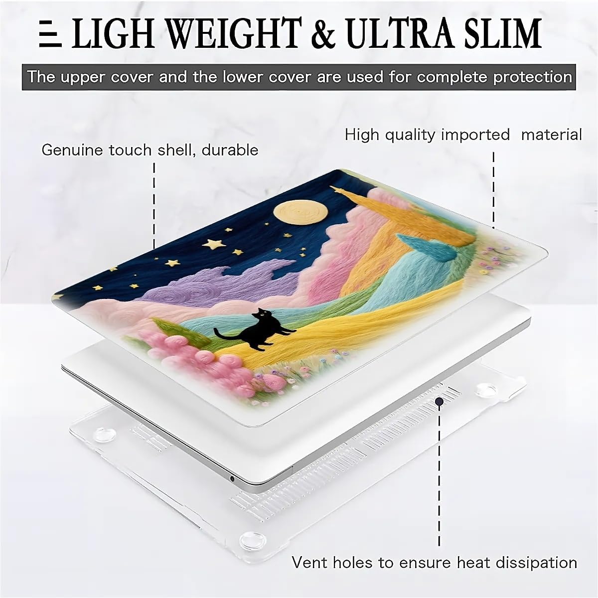 for MacBook Air 13 Inch Release 2022/2025 Model A2681/A3240 M2/M4 Chip Clear Computer Case,Novelty Premium Pattern Hardshell Laptop Case Fairy Black Cat Color Village