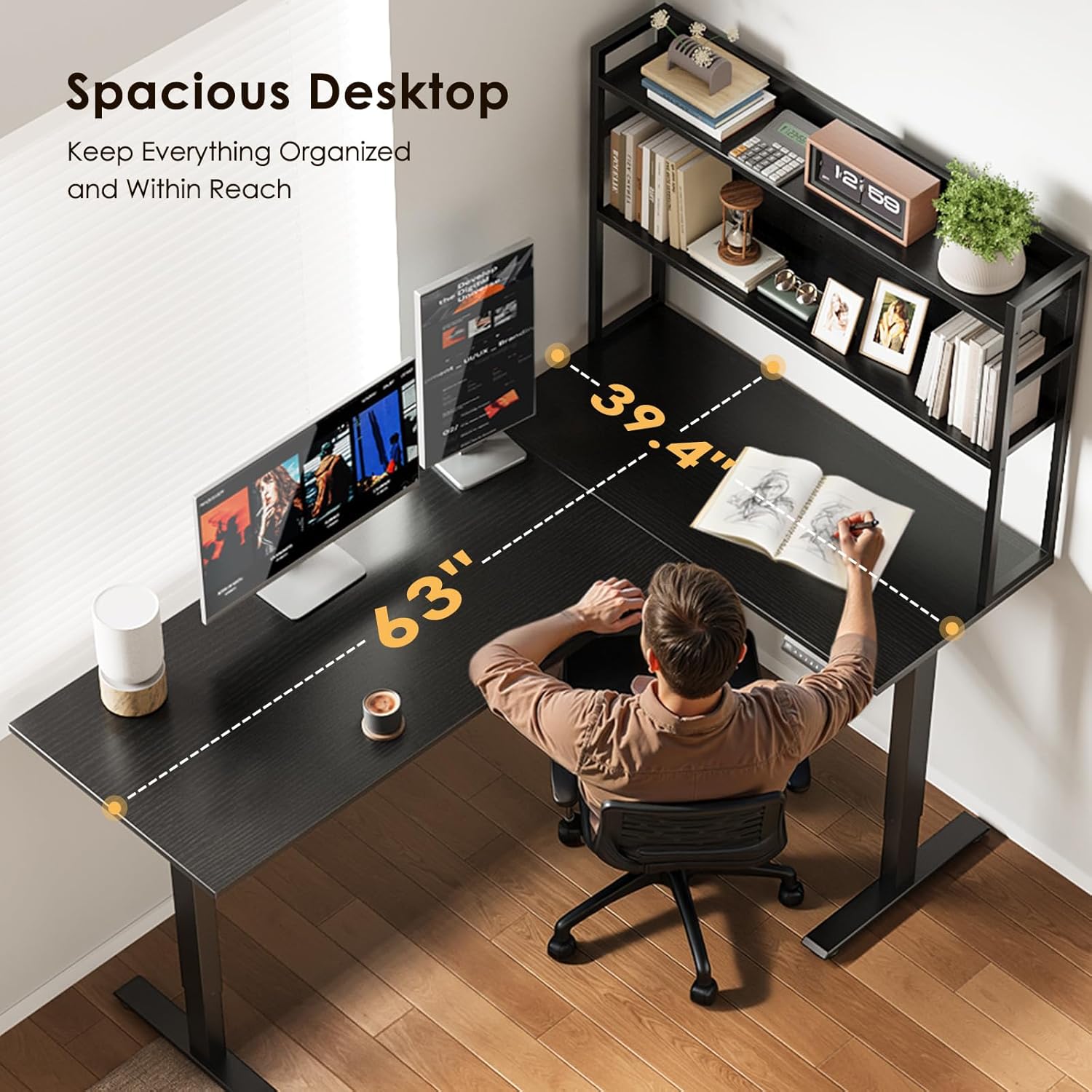 OffiGo L Shaped Electric Standing Desk, 63 Inch Reversible Corner Stand up Table with Hutch, Height Adjustable Ergonomic Large Lift Table for Home Office, Workstation, Black