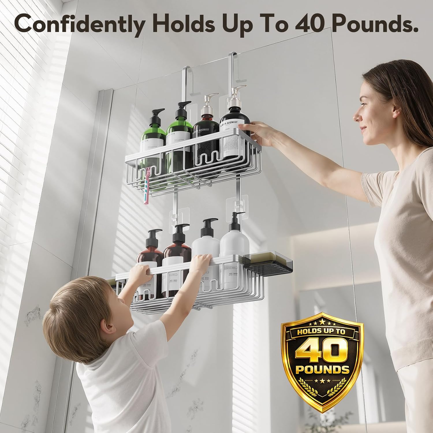Over the Door Shower Caddy Hanging With Double Soap Holder Never Rust Aluminum Shower Shelf With 4 Hooks Hanging Bathroom Organizer No Drilling Shelves for Bathroom Storage Silver