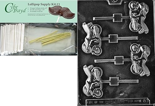 cybrtrayd 45stk25g-k083Deportes bicicleta Lolly Chocolate Candy Mold con Lollipop Supply Kit, 25Palitos, 25bolsas de y 25Oro Metálico Twist Ties