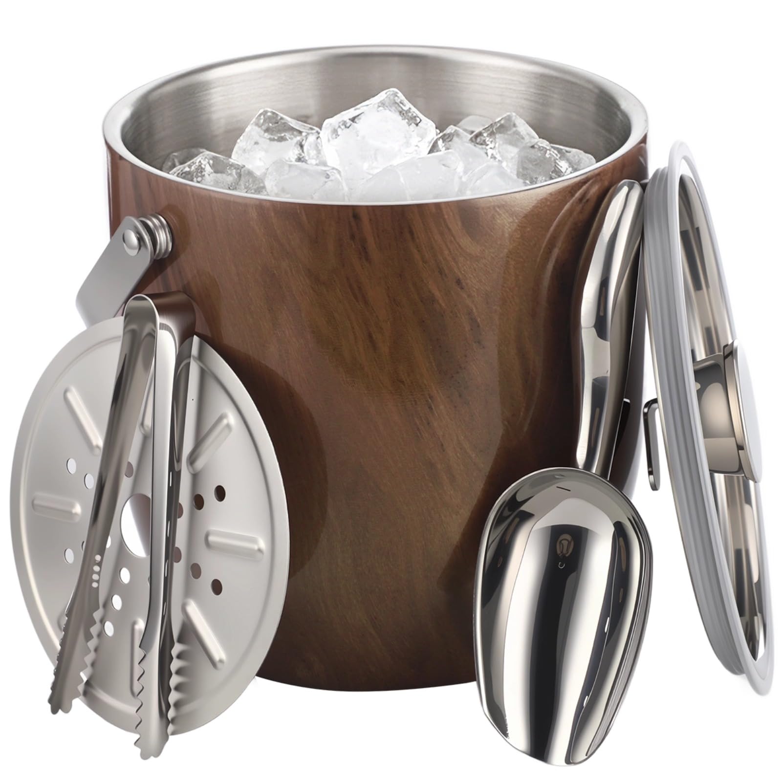 Doppelwandiger Eiskübel aus Edelstahl mit Deckel, 18 x 17,8 cm, Holzmaserung, isolierter Eisbehälter mit Schaufel, Zange, Sieb, für Hausbar, Partys