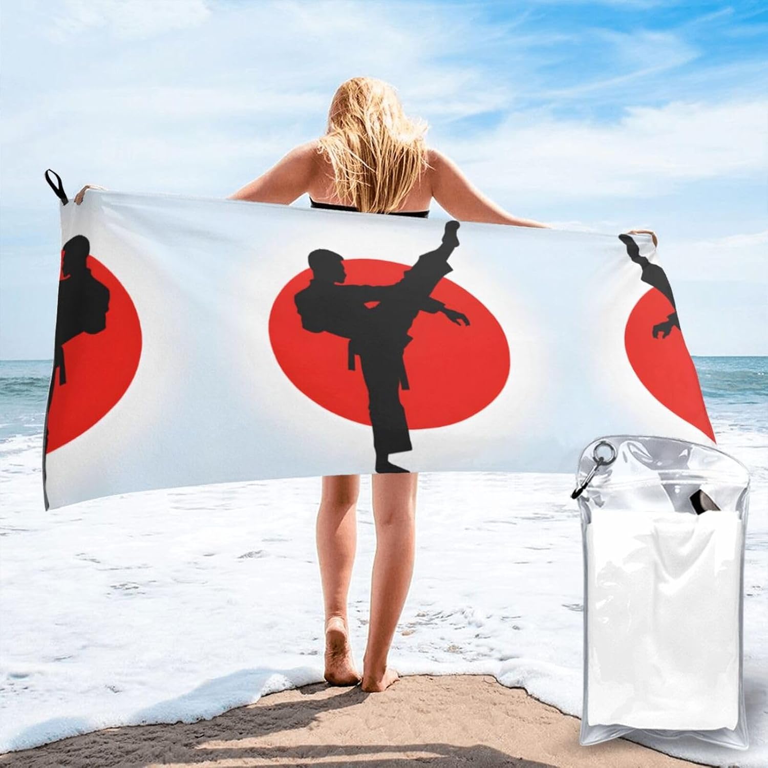 Taekwondo Design Print Quick Dry Towel, Lightweight Absorbent Microfiber with Carabiner Pouch Portable Camping Travel Towel Set