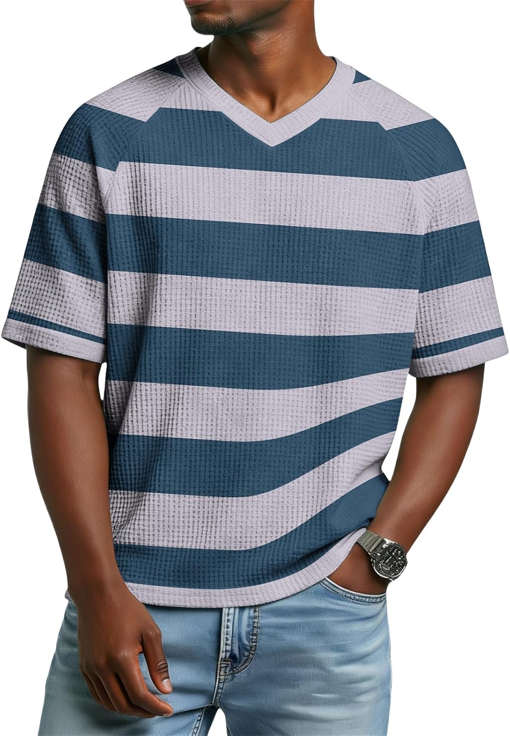 WENKOMG1 Men's Striped T Shirts Short Sleeve V Neck Summer Casual Basic Daily Beach Vacation Tee Top, S-5XL