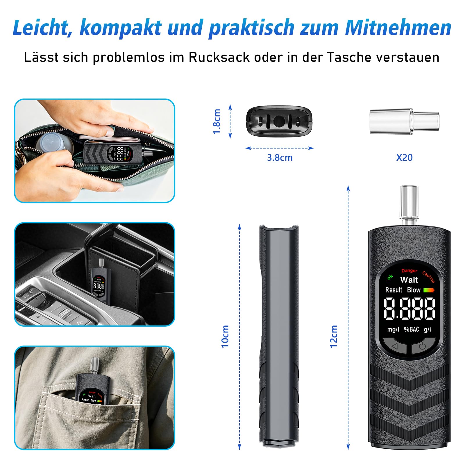 Éthylotest Numérique Portatif avec Écran LCD Couleur – Alcooltest Rechargeable USB-C pour Maison, Fêtes, BBQ, Voyages – 20 Embouts Jetables Hygiéniques Inclus