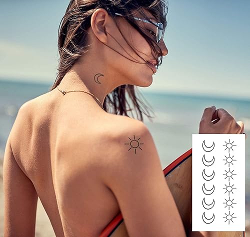 Miniatura 5 de 36 tatuajes de sol y luna, 3 hojas de transferencia de agua, arte minimalista para el cuerpo pequeño, impermeable, tatuajes falsos temporales para