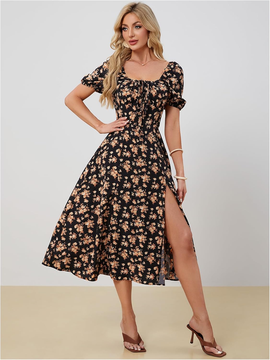 WDIRARA Women's Floral Print Tie Front Square Neck Short Sleeve Split Thigh Dress - Image 5