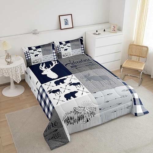 Miniatura 4 de Erosebridal Edredón de plumón para campamento para niños, juego de edredón de oso de ciervo, juego de ropa de cama de retazos a cuadros rústicos de