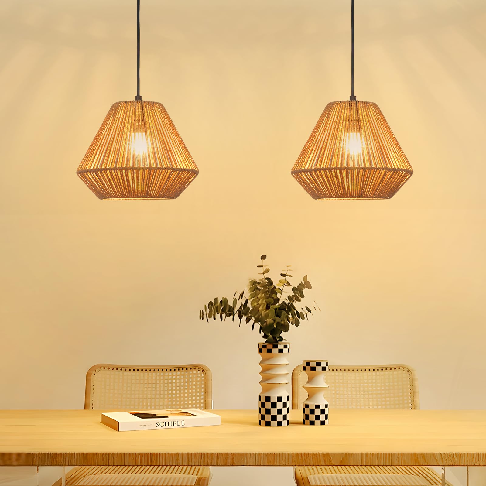 Deboola Hängelampe Boho Hängeleuchte Rattan Papierseil- 2ER Pendellampe Diamant Design Esstisch Vintage Pendelleuchte E27 Esstischlampe für Esszimmer Schlafzimmer Wohnzimmer Flur(Ohne Leuchtmittel)