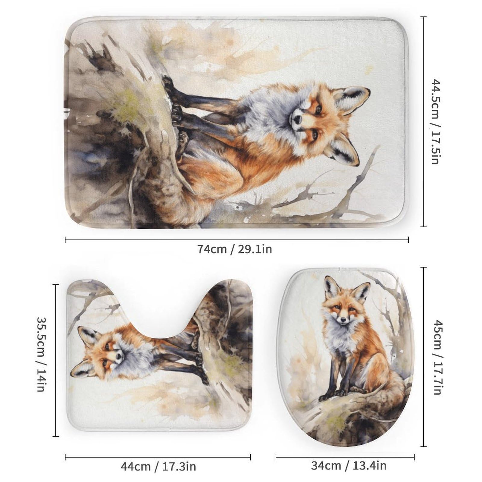 Duschvorhang-Set, Motiv: Aquarell, Fuchs, abstrakte Natur, Tier, Badezimmer-Dekoration, 4-teiliges Badezimmer-Zubehör-Set mit Teppichen, Vorhang und 12 Haken