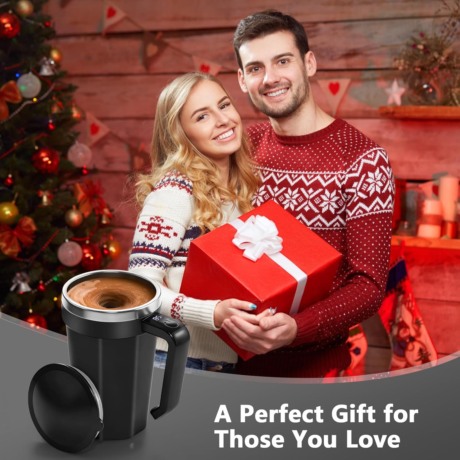 Self Stirring Coffee Mug with Temperature Display, 18 oz Rechargeable Self Stirring Mug with Lid, Automatic Self Stirring Cup, Coffee Mug with Stainless Steel for Coffee, Milk, Beverages, Black