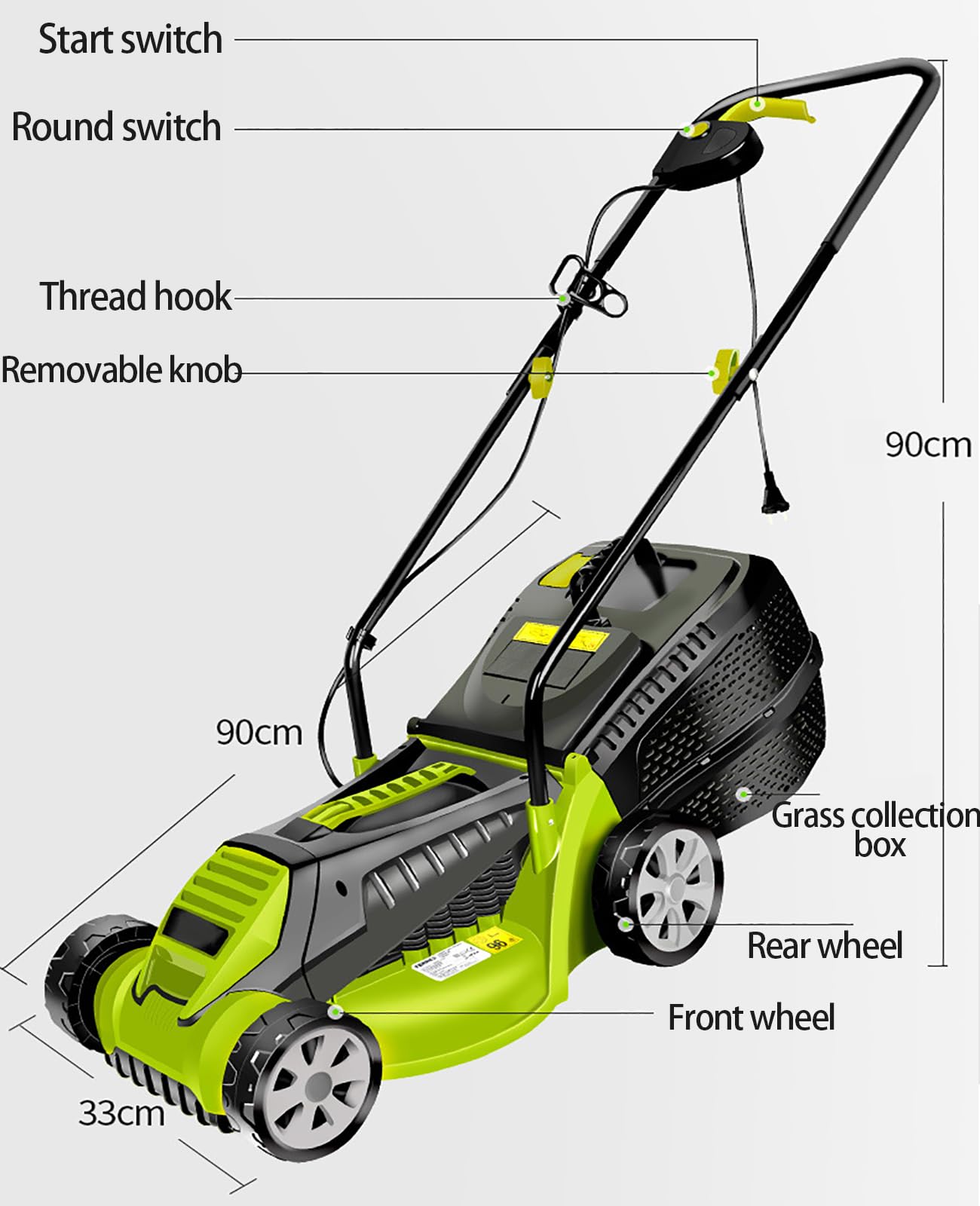 FfiMe Cortacésped Eléctrico, 1600W, Caja de Hierba Grande de 30L, Ancho de Corte de 32cm, 3 Alturas de Corte Ajustables (25-65mm), Plegable para Almacenamiento, para Jardines, Patios, Granjas