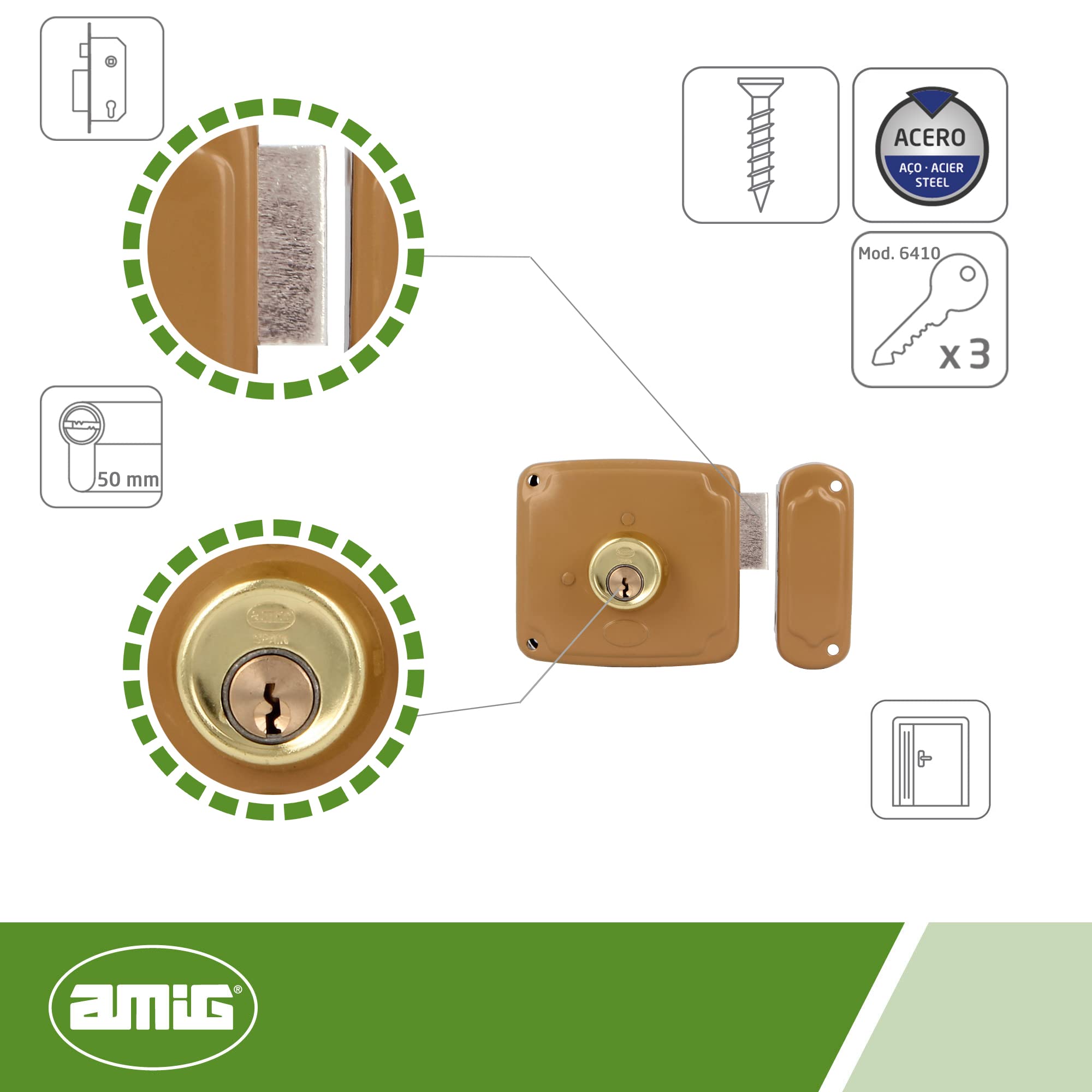 Amig - Serratura da sovrapposizione a destra con leva di chiusura e linguetta per porte in legno Mod. 72PU 100 x 95 mm Chiusura con cilindro rotondo in acciaio dorato