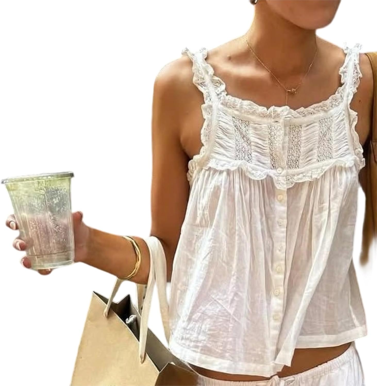 Women Boho Lace Trim Ruffle Tank Top Y2k Tie Front Cami Shirt Flowy Button Down Sleeveless Tank Crop Top