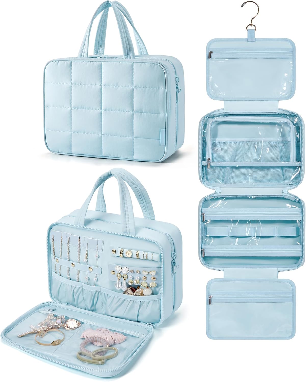BAGSMART Hanging Toiletry Bag with Jewelry Organizer, Travel Bag for Toiletries, Puffy Makeup Cosmetic Bag Organizer, Carry-on Travel Accessories Essentials, Light Blue-M