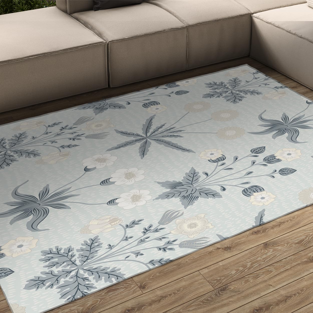Tapis salon 160x230 poil court bleu lavable grand tapis floral vintage