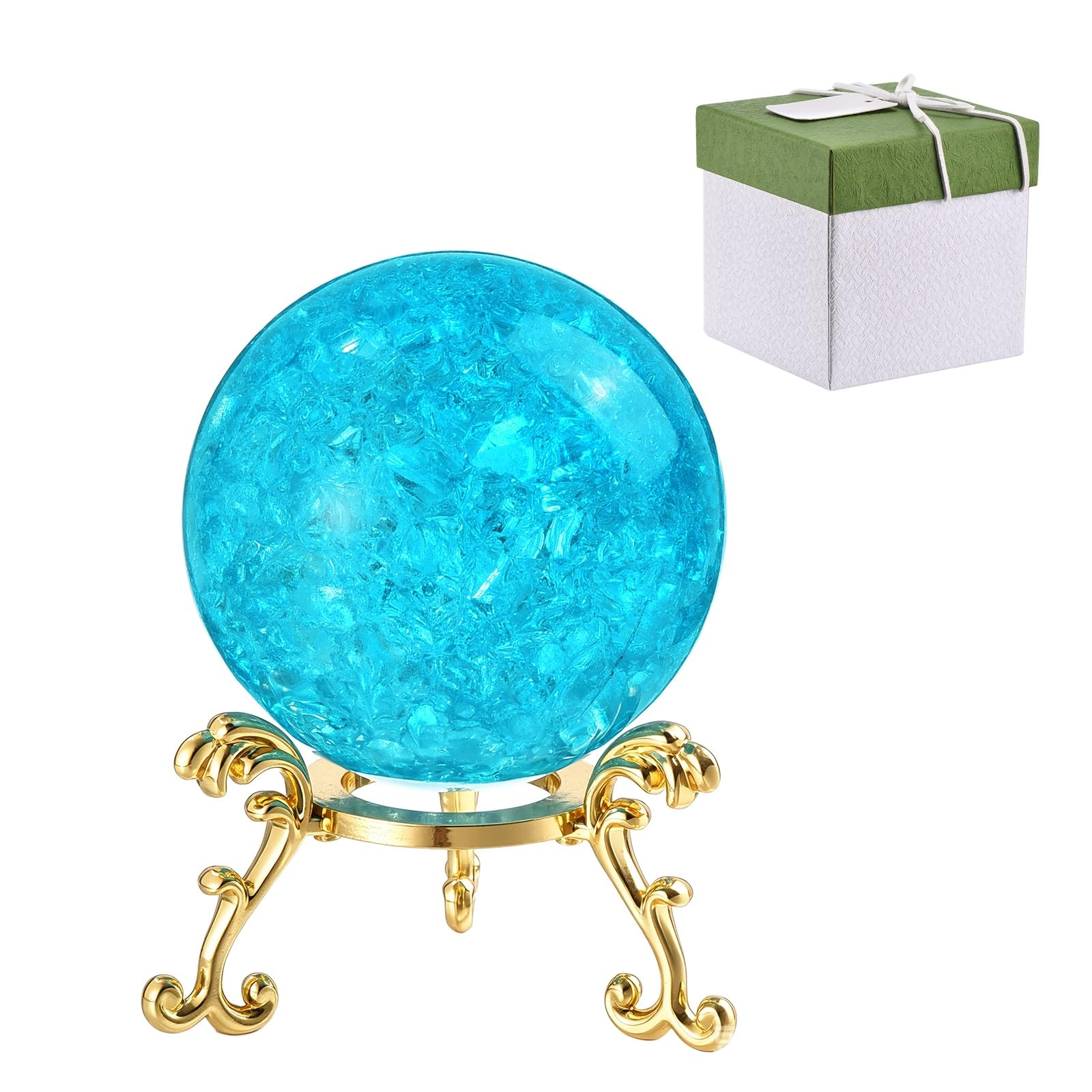 sourcing map 50 mm Round Crystal Sphere with Stand, Crystal Sphere Ice Cracked Decorative Ball Paperweight Gift Box Packaging for Home Decor Ornament Gift Craft Feng Shui Decor, Lake Blue