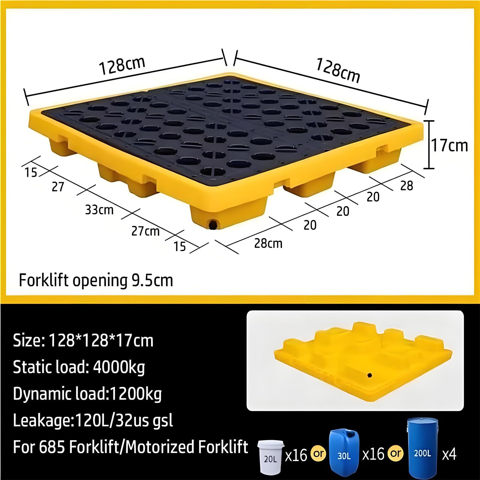 Plateforme modulaire anti-fuites/Plaques grillagées. Plateforme empilable de rétention des déversements avec grille et évacuation – Idéale pour garage, cuisine, sous-sol, stockage industriel