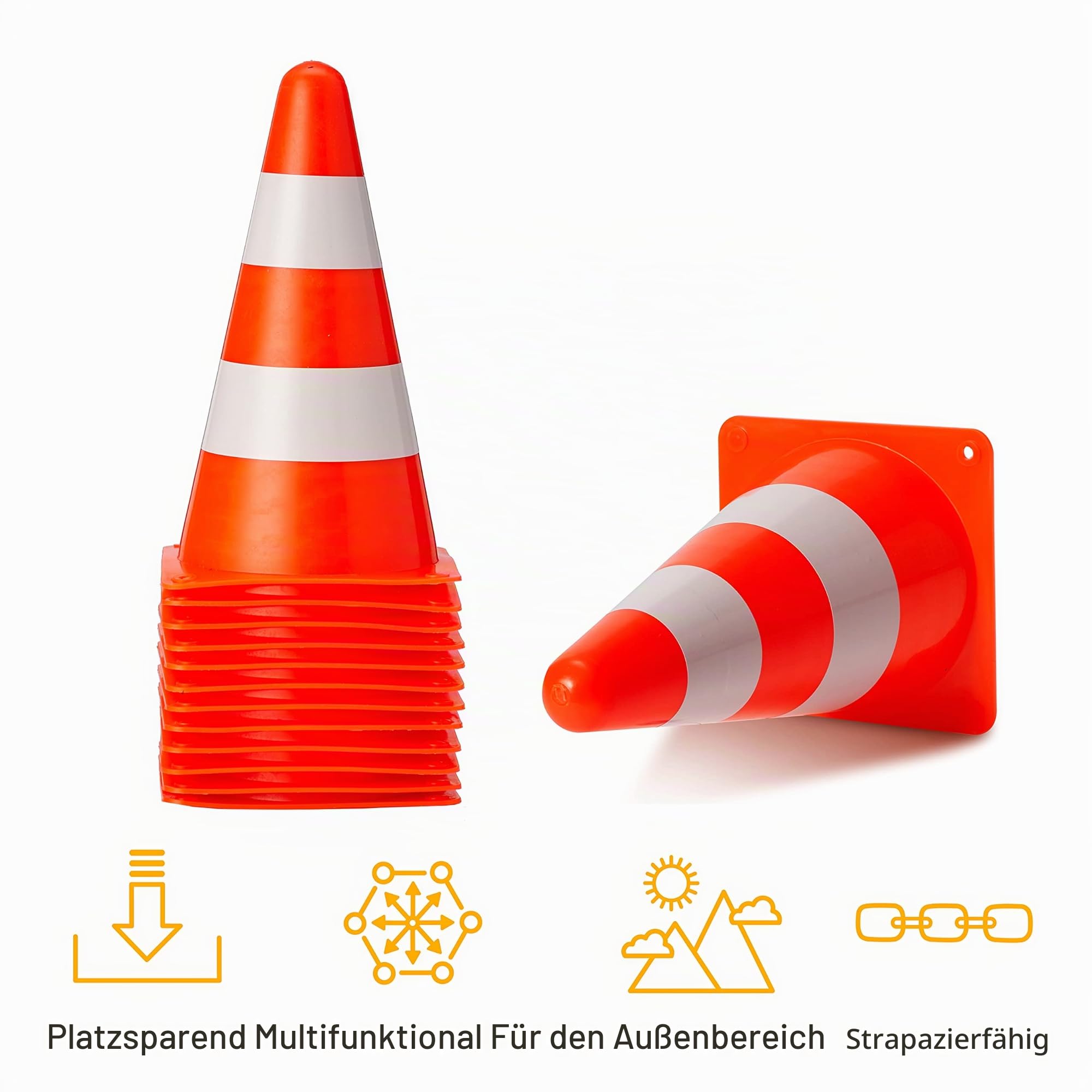 Bramble Verkehrshütchen - 23cm, Orange & Weiß - Multisport- Markierungskegel für Fußball, Sporthalle, Hockey, Geschicklichkeitstraining - Pylonen für Kinder