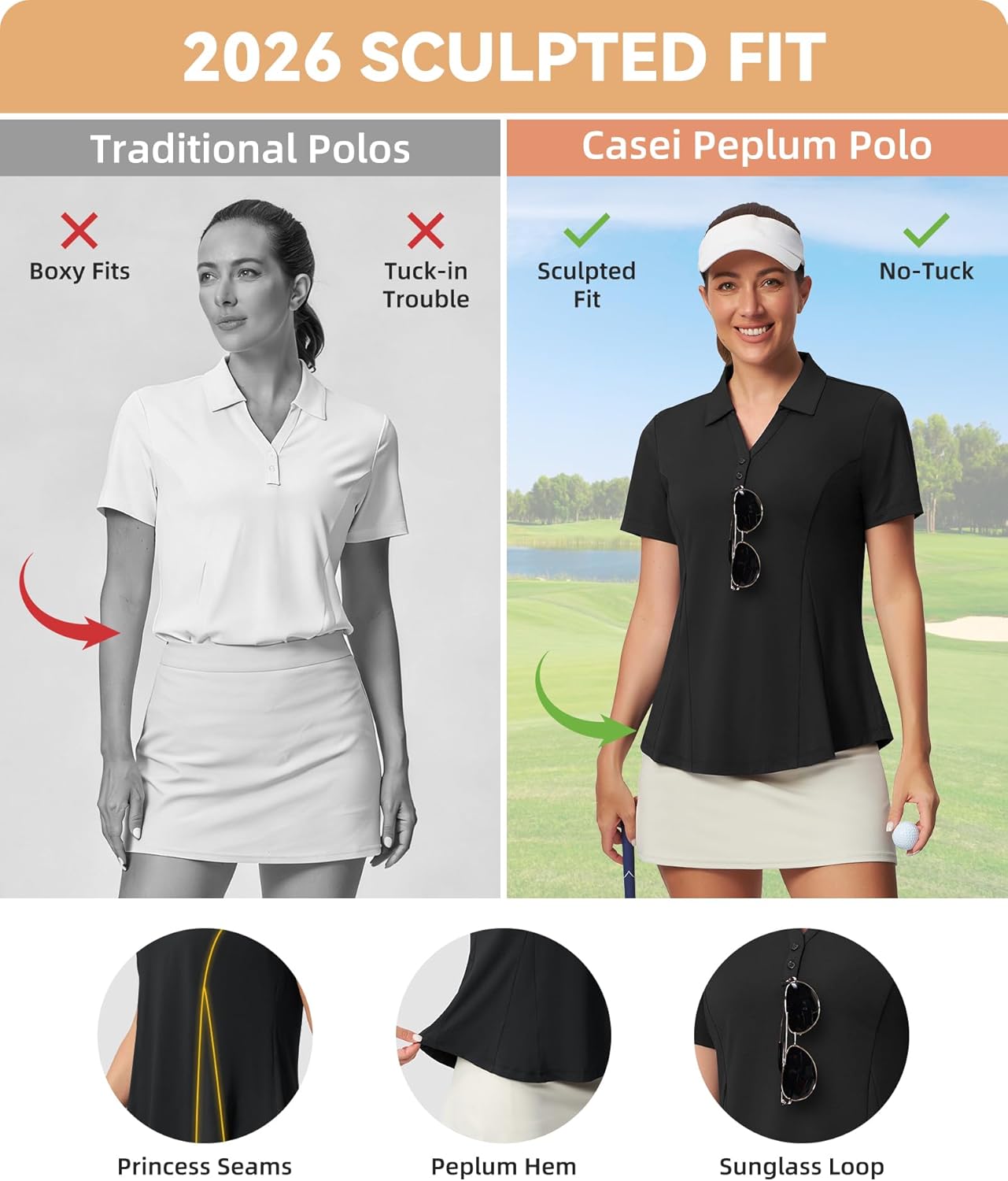 Casei Women's Golf Polo Shirt with Sunglass Loop, No-Tuck Peplum Tennis Pickleball Top, V-Neck UPF 50+ - Image 4