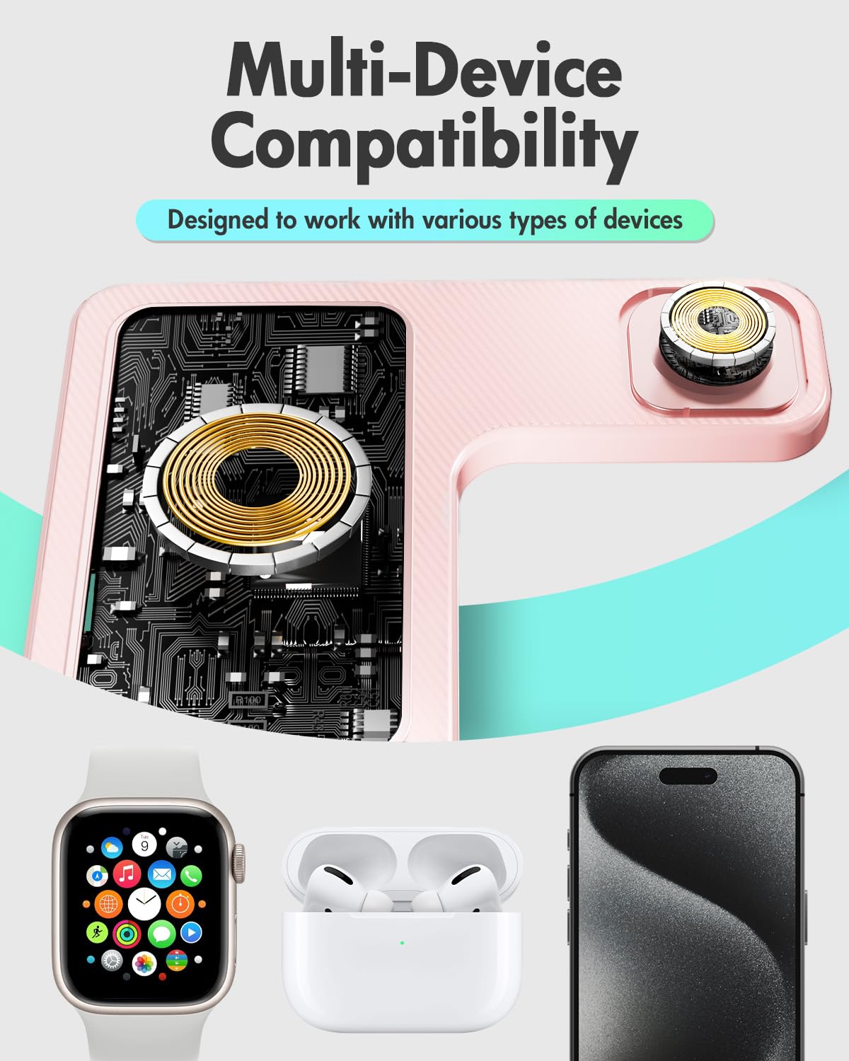Wireless Charger Stand Charging Station: 3 in 1 Charger Stand Multiple Devices for Apple - iPhone 17 16e 16 15 14 Pro Max 13 12 11 - Watch 10 9 8 7 6 5 4 3 2 SE and Ultra Series-Airpods 4 3 Pro, Pink