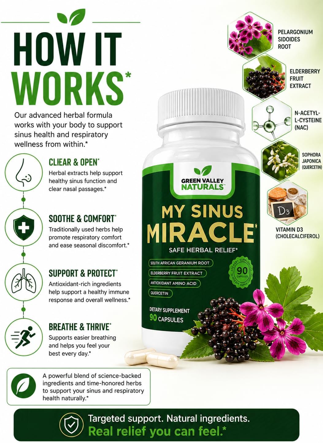 GREEN VALLEY NATURALS My Sinus Miracle – Sinus & Nasal Support Supplement with South African Geranium, Quercetin, Elderberry & NAC | Respiratory & Seasonal Support | 90 Capsules