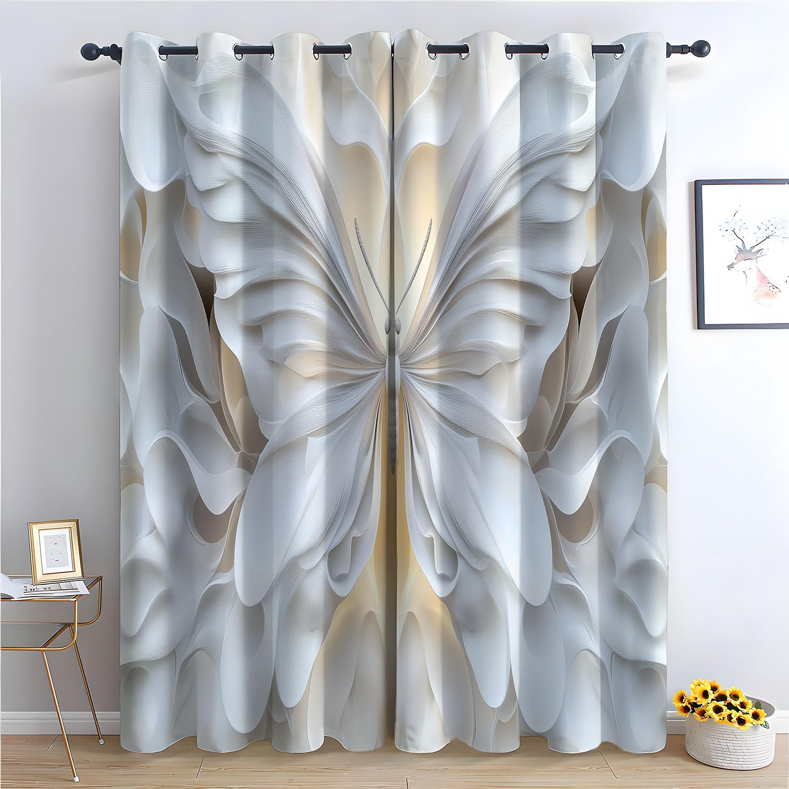 Rideau Occultant Papillons Blancs 140x110cm - Double Panneau Thermique pour Fenêtre