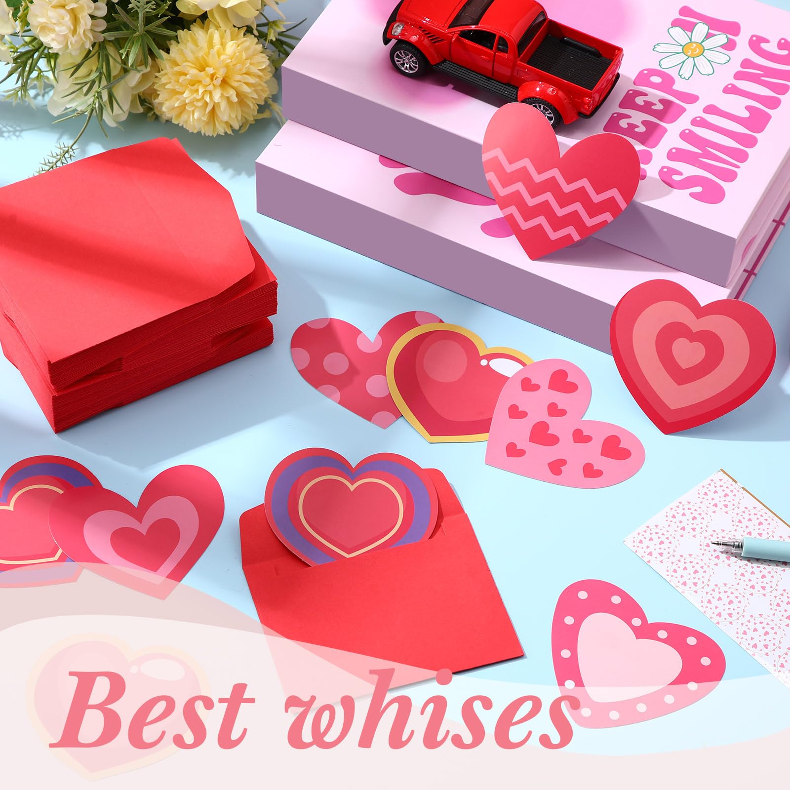 Geyoga Lot de 120 cartes de Saint-Valentin vierges en vrac avec enveloppes en forme de cœur rouge et rose pour la Saint-Valentin et un anniversaire de mariage, 8 couleurs, 9,9 x 9,9 cm