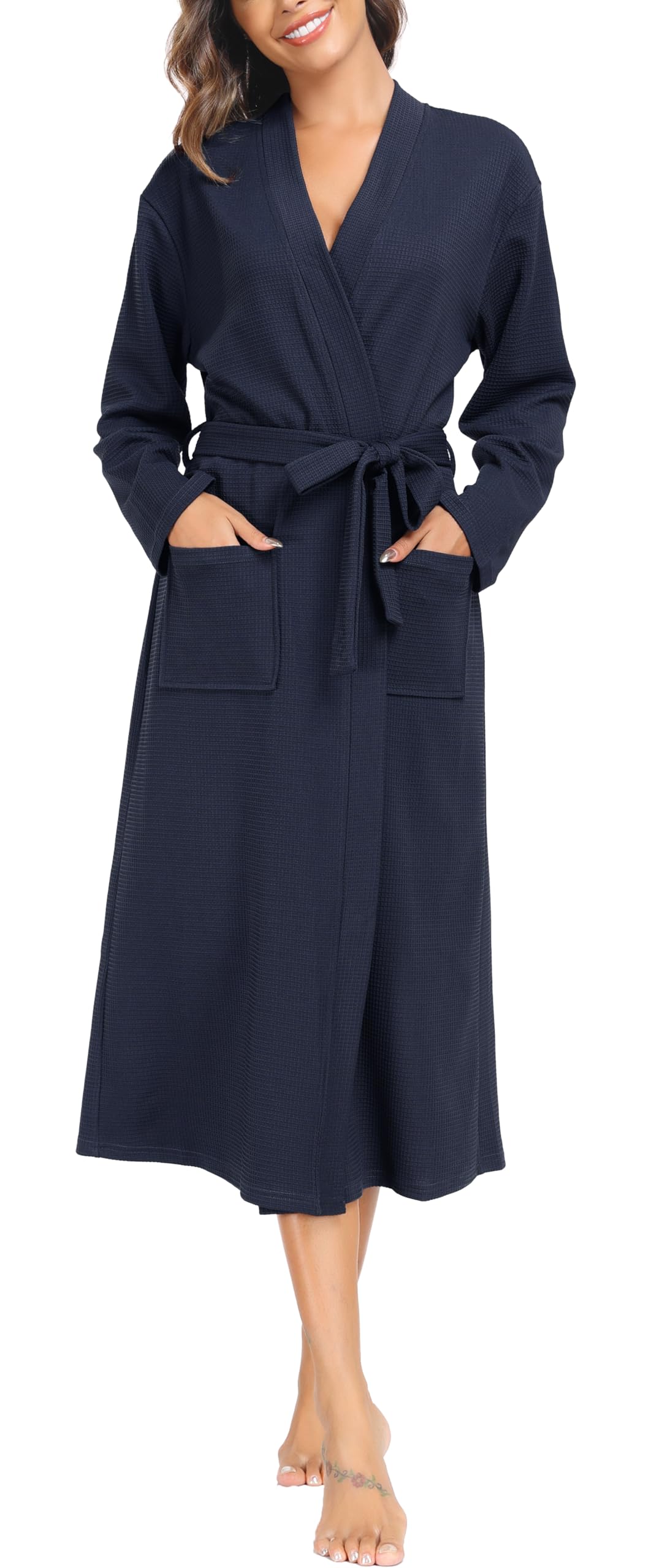 Sopesil Peignoir en Coton Pour Femme,Kimono Femme Nuit avec Col en V Longues Manches Robe de Nuit Femme avec Poches,S-XXL