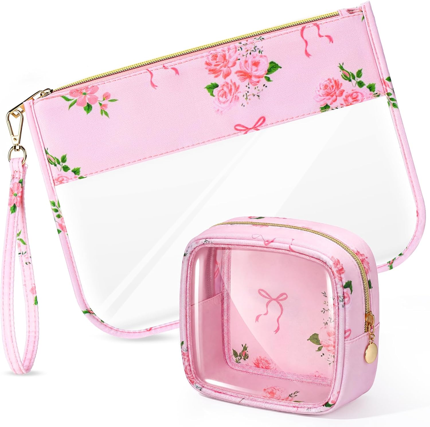 Kacctyen 2 Pcs Pink Clear Makeup Bag Coquette Makeup Pouch Bow Flower Preppy Cosmetics Bag Nylon Transparent Nylon Travel for Women Wedding Summer Beach Pool Vacation Gift