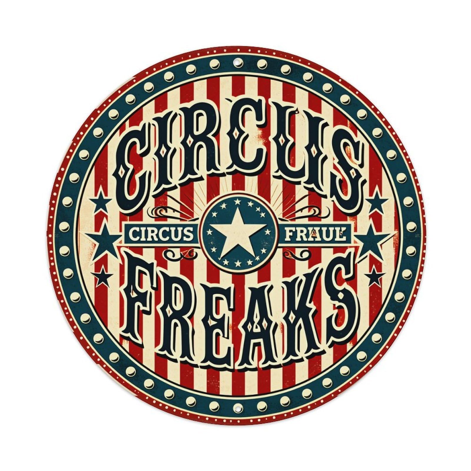 Circus Freaks Pattern Print Design Round Tin Sign Vintage Metal Poster, Home Bar Garage Man Cave Cafe Indoor & Outdoor Wall Decoration 8x8Inches