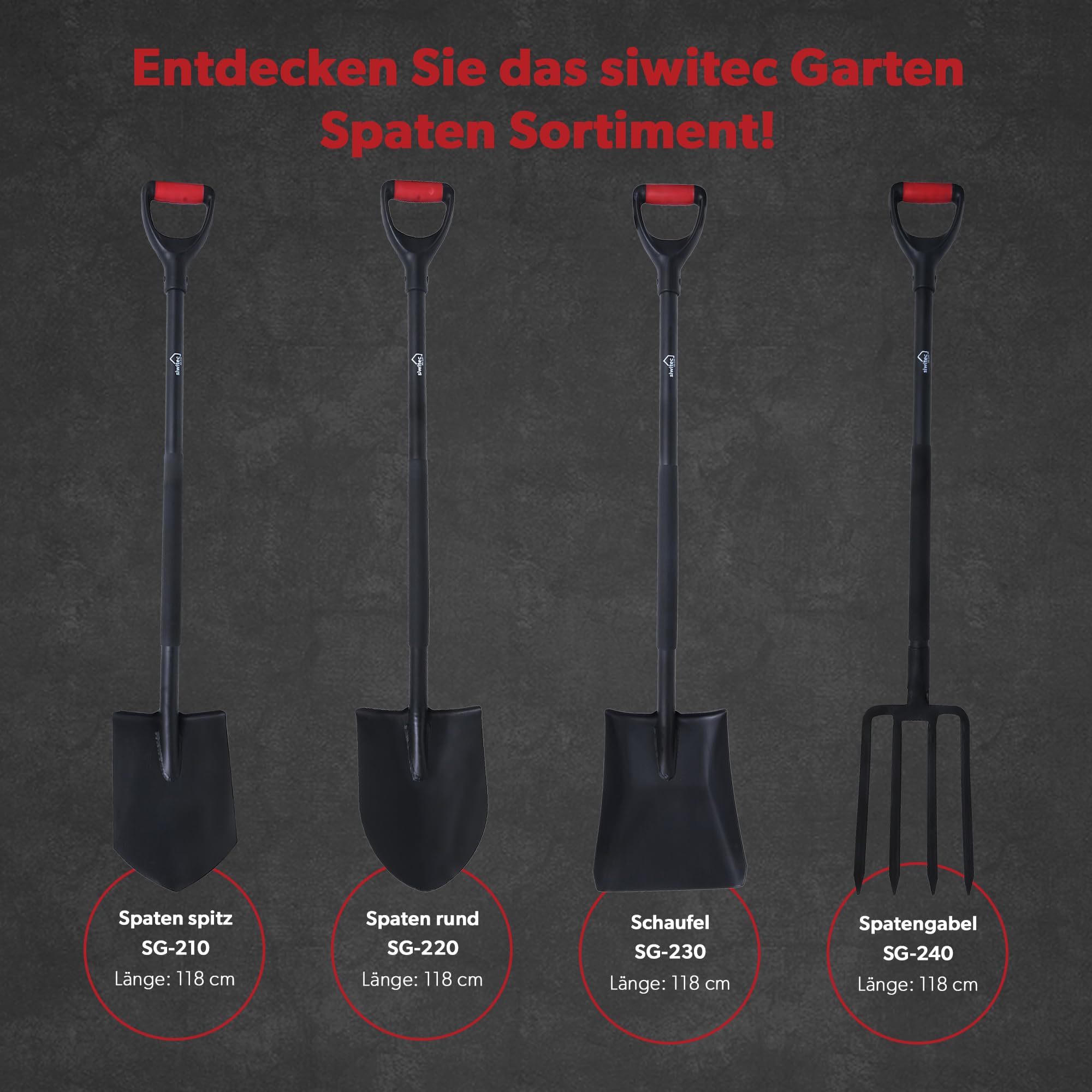 siwitec Gartenspaten rund SG-220 aus Stahl für weiche, steinarme Böden | ergonomischer Spaten | Länge: 118 cm | Schwarz | Garten | Schaufel | Gärtnerspaten