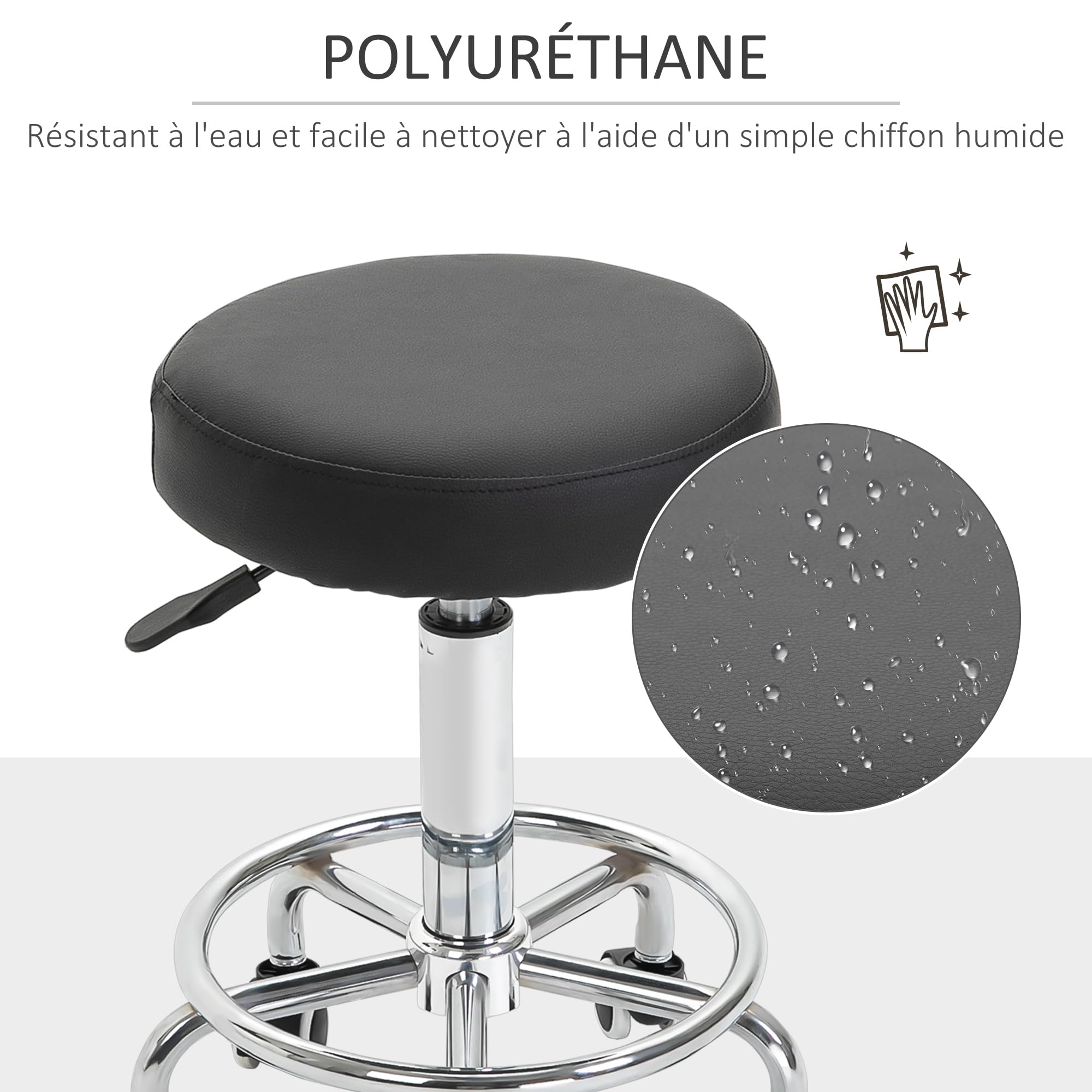 Vinsetto Tabouret à roulettes réglable 50-64 cm, assise rembourrée, pivotant 360°, pour massage, tatouage, clinique, spa, noir