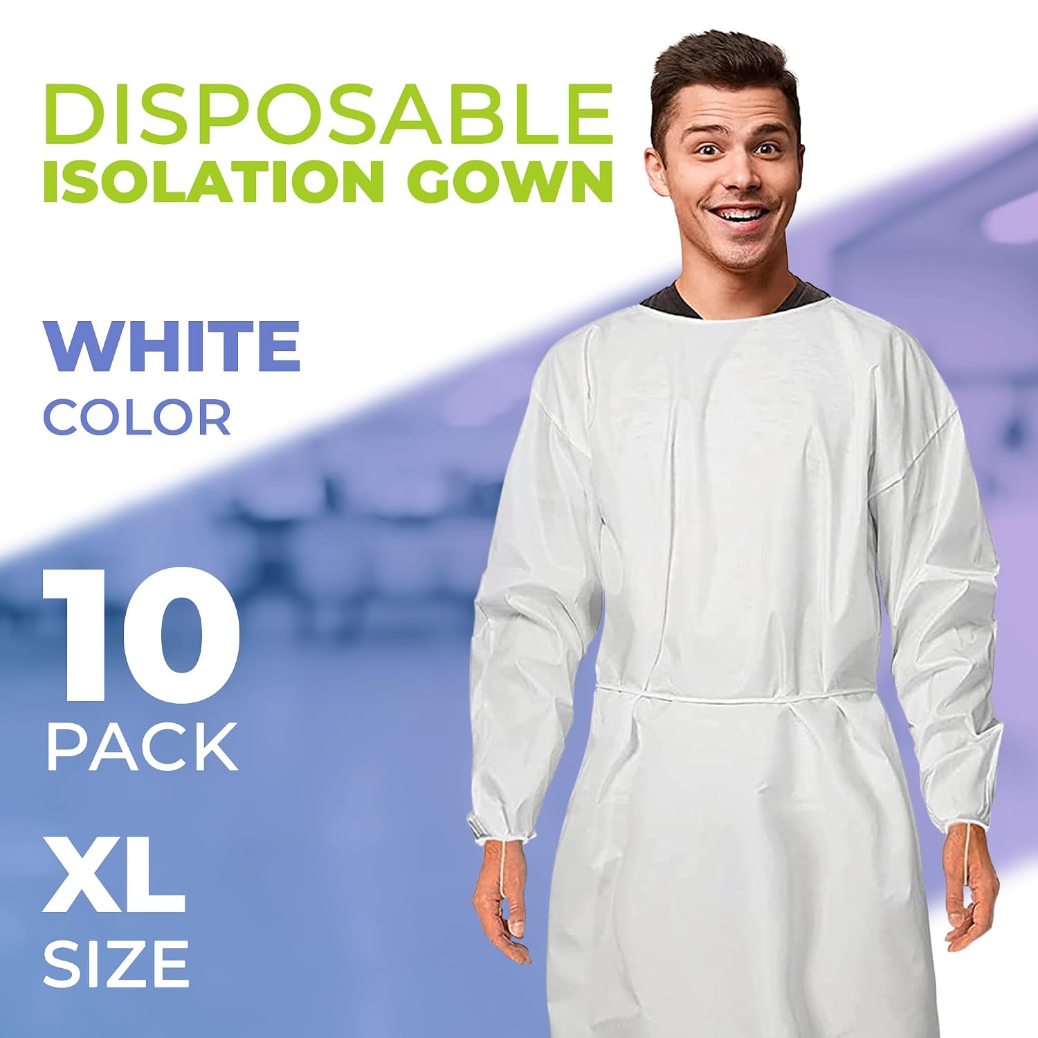 AMZ Medical Supply Disposable Isolation Gowns, X-Large, White Microporous 50 GSM, Pack of 10, Elastic Wrists, Thumb Loops, Waist and Neck Ties, No Pockets, Unisex Fit