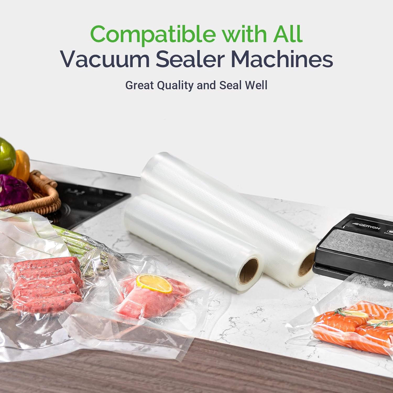 GERYON Vacuum Sealer Bags Rolls, 8x50ft & 11x50ft for Food Storage, Double Sided Texture, BPA-Free, Heavy Duty, Great for Vacuum Seal storage, Meal Prep or Sous Vide - Image 3
