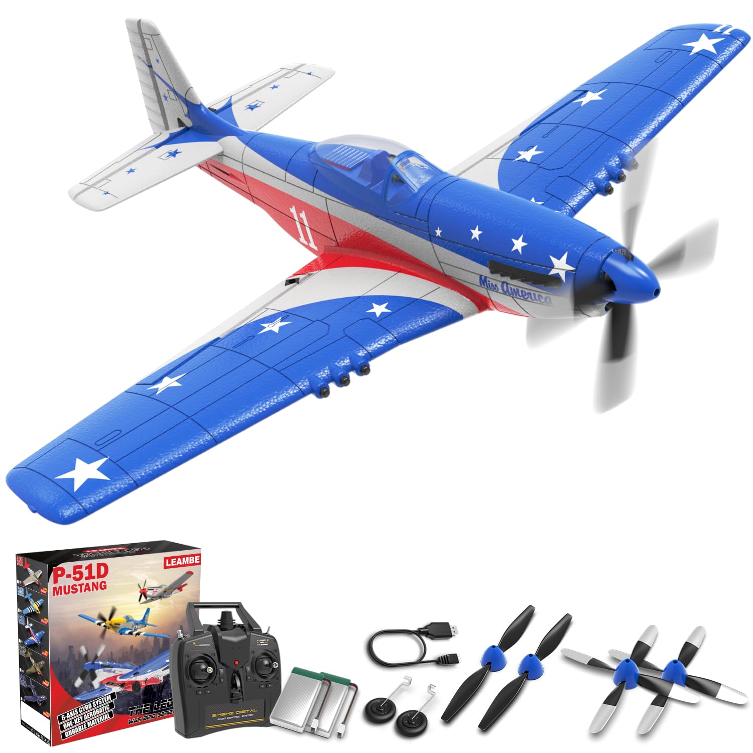 LEAMBERC Plane 4 Channel Remote Control Airplane with 3 Modes - Ready to Fly Upgrade P51 RC Airplane for Beginners Adult with Xpilot Stabilization System & One Key Aerobatic Blue-Red