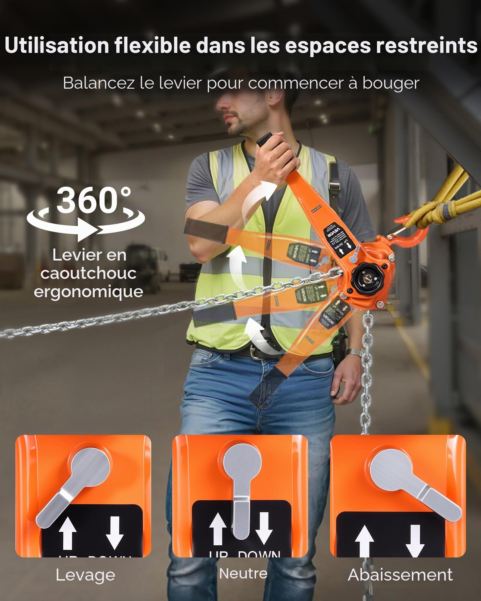 VEVOR Palan à Chaîne à Levier Manuel, Charge 1,5 t, avec Chaîne en Acier Allié G80 6 m, Frein Mécanique à Double Cliquet, Crochets Rotatifs 360°, pour Entrepôts, Chantiers de Construction, Garages
