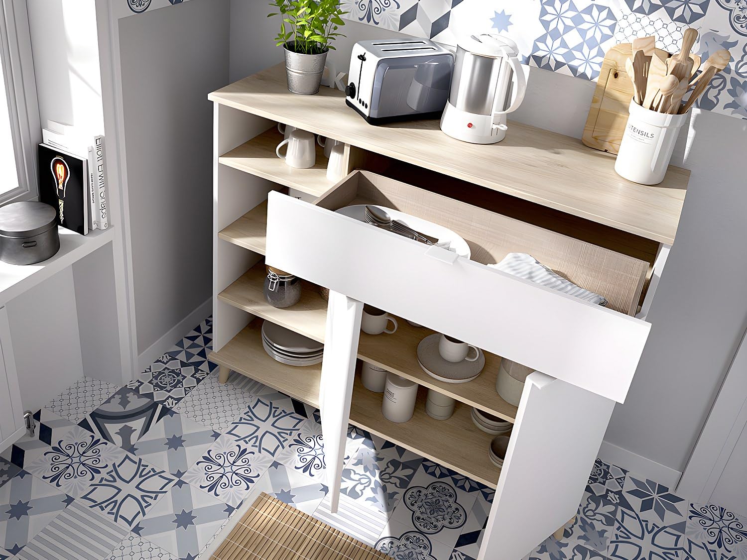 DEKIT GRUPO RIMOBEL - DEKIT Mueble Auxiliar de cocina, color Blanco/Natural, 102x120x40 cm, WOK