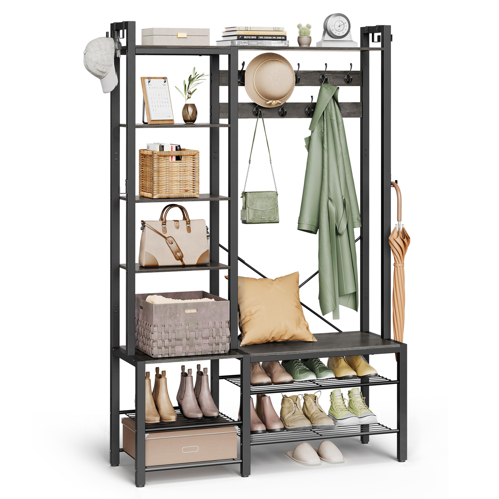 VASAGLE Hall Tree with Bench and Shoe Storage, Hallway Coat Rack with Shoe Bench and 5 Storage Shelves, 9 Coat Hooks and 6 Side Hooks, 140 x 120 x 190 cm, Stone Grey and Ink Black HSR426B04