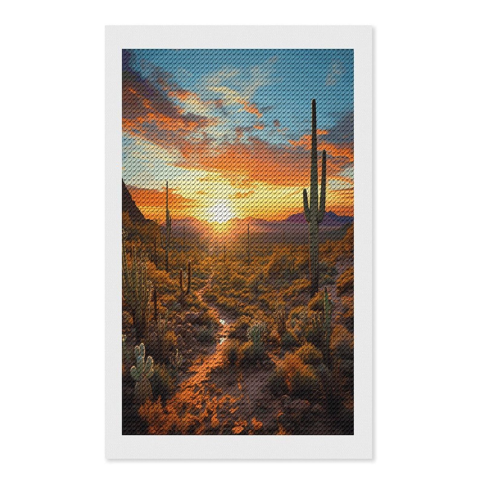 FekiLoot Diamond Art Kits for Adults, DIY 5D Saguaros at Sunset Diamond Painting Kits for Beginners, Full Round Drill Diamond Dots Painting Gem Art Crafts for Home Wall Decor & Gift 12"x20"