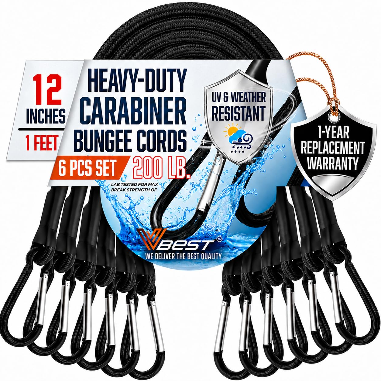 12 Inch Bungee Cords with Carabiner Hooks - 6Pcs Heavy Duty Outdoor