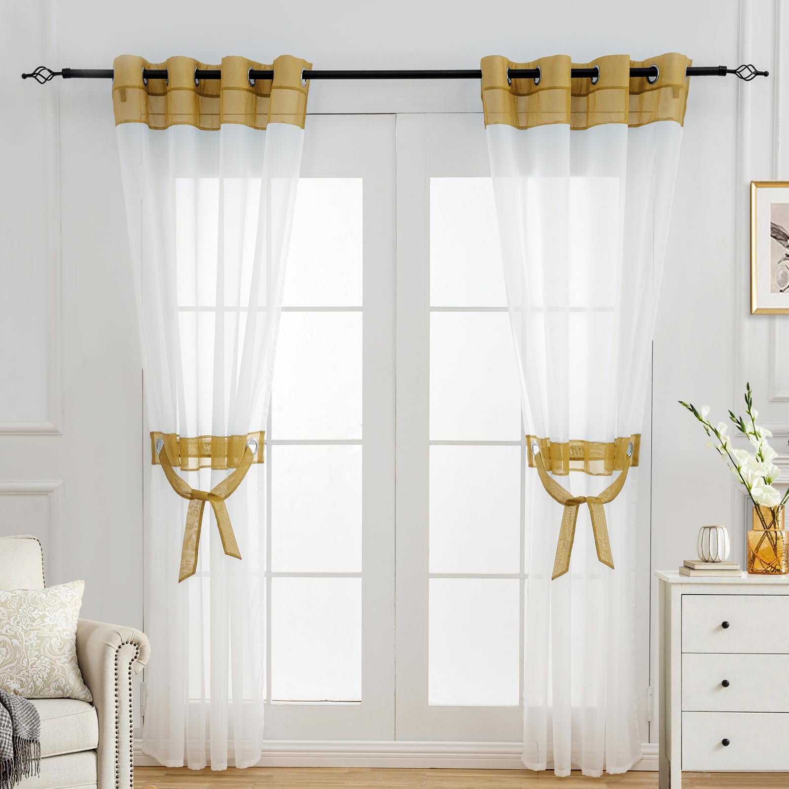L.Z.E White and Gold Sheer Curtains 96 Inches Long 2 Panels Set,Transparent See Through Curtains for Living Room Bedroom with Tiebacks Grommet Top
