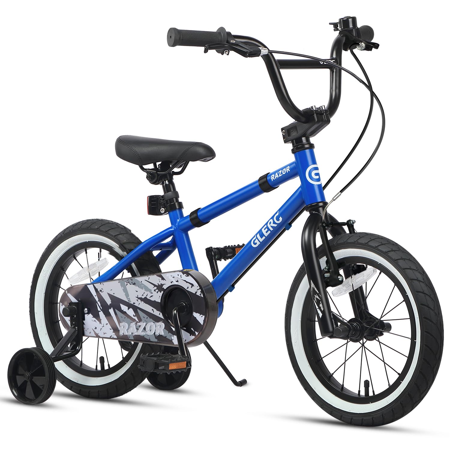 Glerc Razor 14 Inch Kids Bike for 3 4 5 Years Old Boys Beginner Toddler First Bicycle with Safety Bell & Removable Stabilisers, Blue