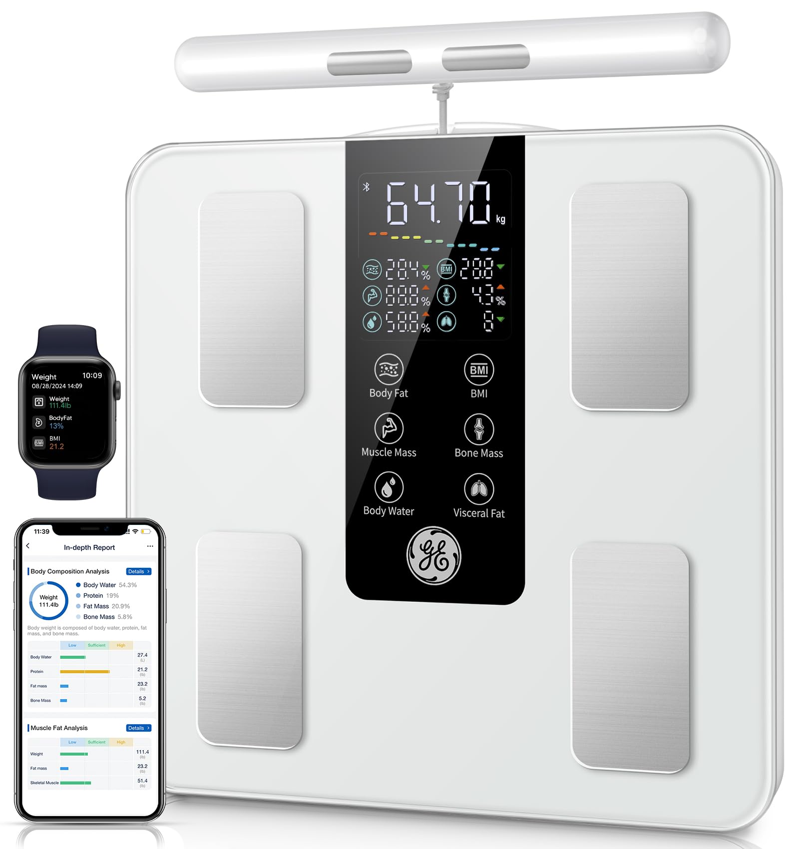 GE Körperfettwaage Smart Waage Personen: Digitale Waage mit Körperfett und Muskelmasse 8-Elektroden Körperfettwaage mit Handsensoren BMI Körpergewicht Muskelmasse Analysegerät,180 kg/400 lbs White
