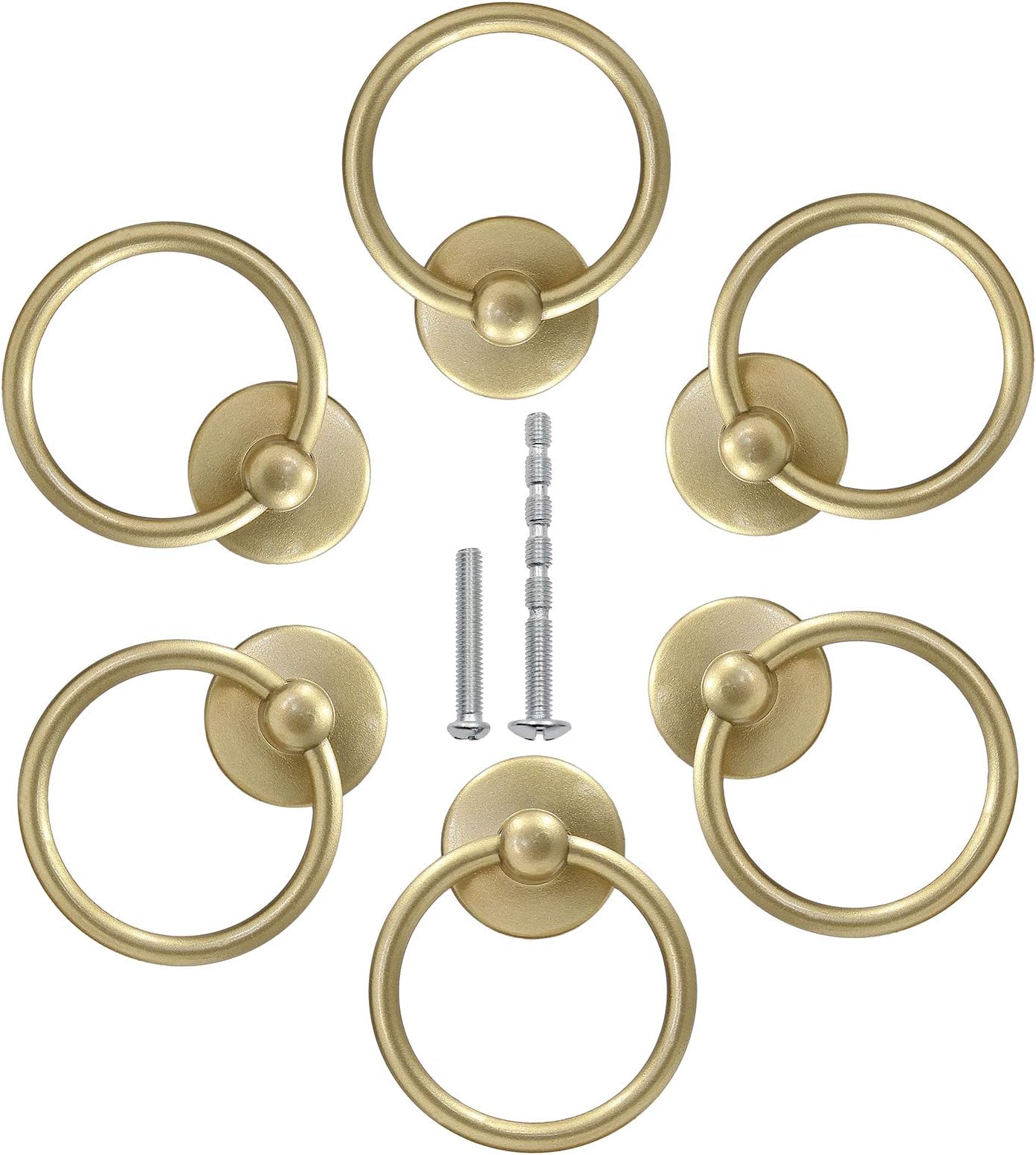 6Pcs Round Ring Drawer Pulls Matte Gold Ring Handle Knobs for Cabinet Drawer Dresser Cupboard Wardrobe, Single Hole