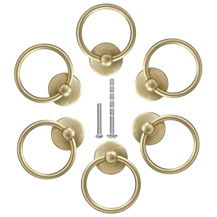 Bonsicoky 6Pcs Round Ring Drawer Pulls Matte Gold Ring Handle Knobs for Cabinet Drawer Dresser Cupboard Wardrobe, Single Hole